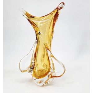 Vintage Chalet Amber Art Glass Vase Signed Blown Glass 3 Point Stretch 8.25"